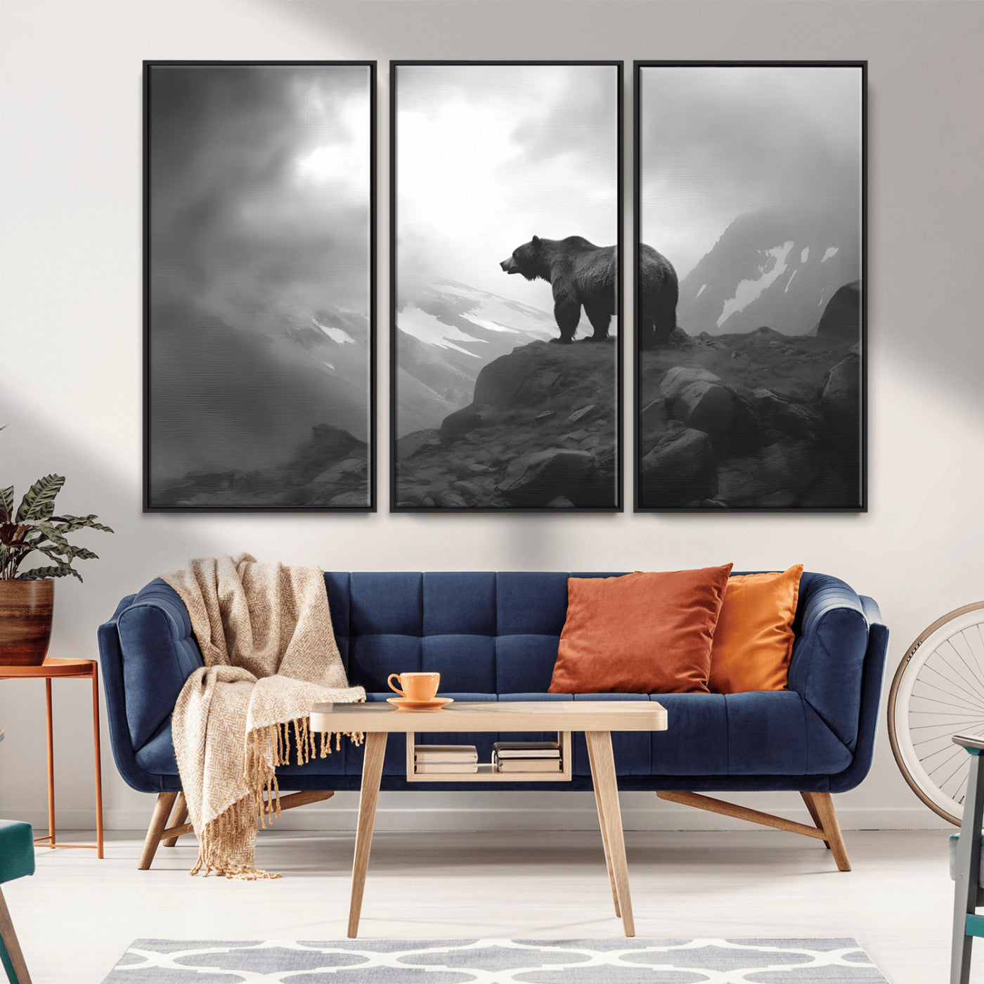 49504-MGV-CV-36X24-Black and White Grizzly Bear Wall Art – Wilderness Wildlife Painting, Rustic Mountain Cabin Decor, Monochrome Animal Print for