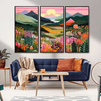 99638-MGV-CV-36X24-Sunset Meadow Wall Art – Panoramic Mountain Landscape with Wildflowers Canvas Print, Vibrant Nature Decor for Living Room, Bedroom