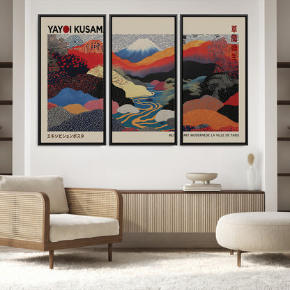 49228-MGV-FC-93X47-3P_Black-Kusama Wall Art – Vibrant Japanese Landscape Canvas Print, Modern Abstract Mountain and River Decor for Living Room, Office or Art
