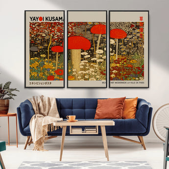 38013-MGV-CV-36X24-Yayoi Kusama Inspired Mushroom Garden Wall Art – Whimsical Botanical Canvas Print, Surreal Nature Poster, Fantasy Floral Artwork