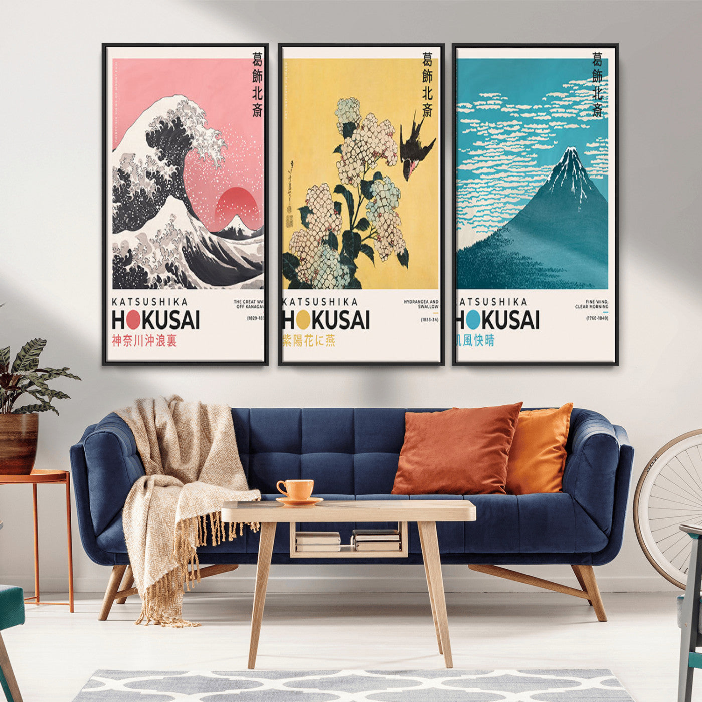 Katsushika-MGV-CV-36X24-Katsushika Hokusai Wall Art Set – The Great Wave, Hydrangea and Swallow, Fine Wind Canvas Prints, Japanese Ukiyo e Style Home and