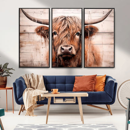 93730-MGV-FC-48X32-3P_Black-Scottish Cow Wall Art Canvas Print, Framed Longhorn Cow Art Picture Print, Highland Cattle Perfect Rustic Farmhouse Decor Artwork