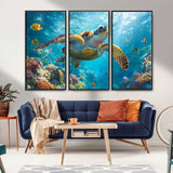 37623-MGV-CV-36X24-Sea Turtle Wall Art – Underwater Ocean Canvas Print with Coral Reef and Tropical Fish, Marine Life Painting Poster for Living
