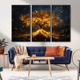 60194-MGV-CV-36X24-Glowing Tree Wall Art – Golden Roots Fantasy Canvas Print, Mystical Illuminated Tree Painting Poster for Living Room, Bedroom,