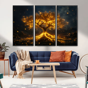 60194-MGV-CV-36X24-Glowing Tree Wall Art – Golden Roots Fantasy Canvas Print, Mystical Illuminated Tree Painting Poster for Living Room, Bedroom,