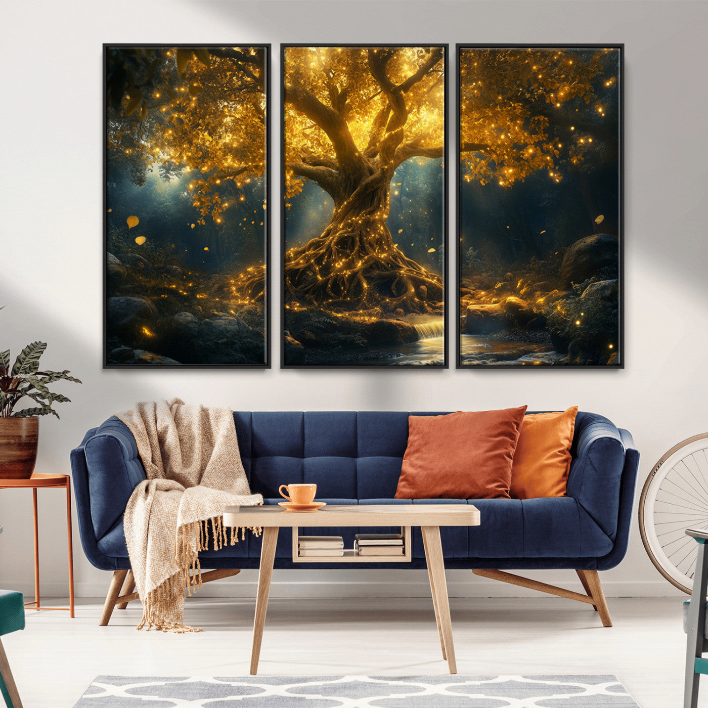 92739-MGV-CV-36X24-Glowing Tree Wall Art – Enchanted Golden Forest Canvas Print, Mystical Illuminated Nature Painting Poster for Living Room,