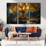 92739-MGV-CV-36X24-Glowing Tree Wall Art – Enchanted Golden Forest Canvas Print, Mystical Illuminated Nature Painting Poster for Living Room,