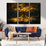 59580-MGV-FC-48X32-3P_Black-Glowing Tree Wall Art – Golden Fantasy Nature Canvas Print, Mystical Illuminated Tree Painting Poster for Living Room, Bedroom,