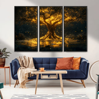 59580-MGV-FC-48X32-3P_Black-Glowing Tree Wall Art – Golden Fantasy Nature Canvas Print, Mystical Illuminated Tree Painting Poster for Living Room, Bedroom,