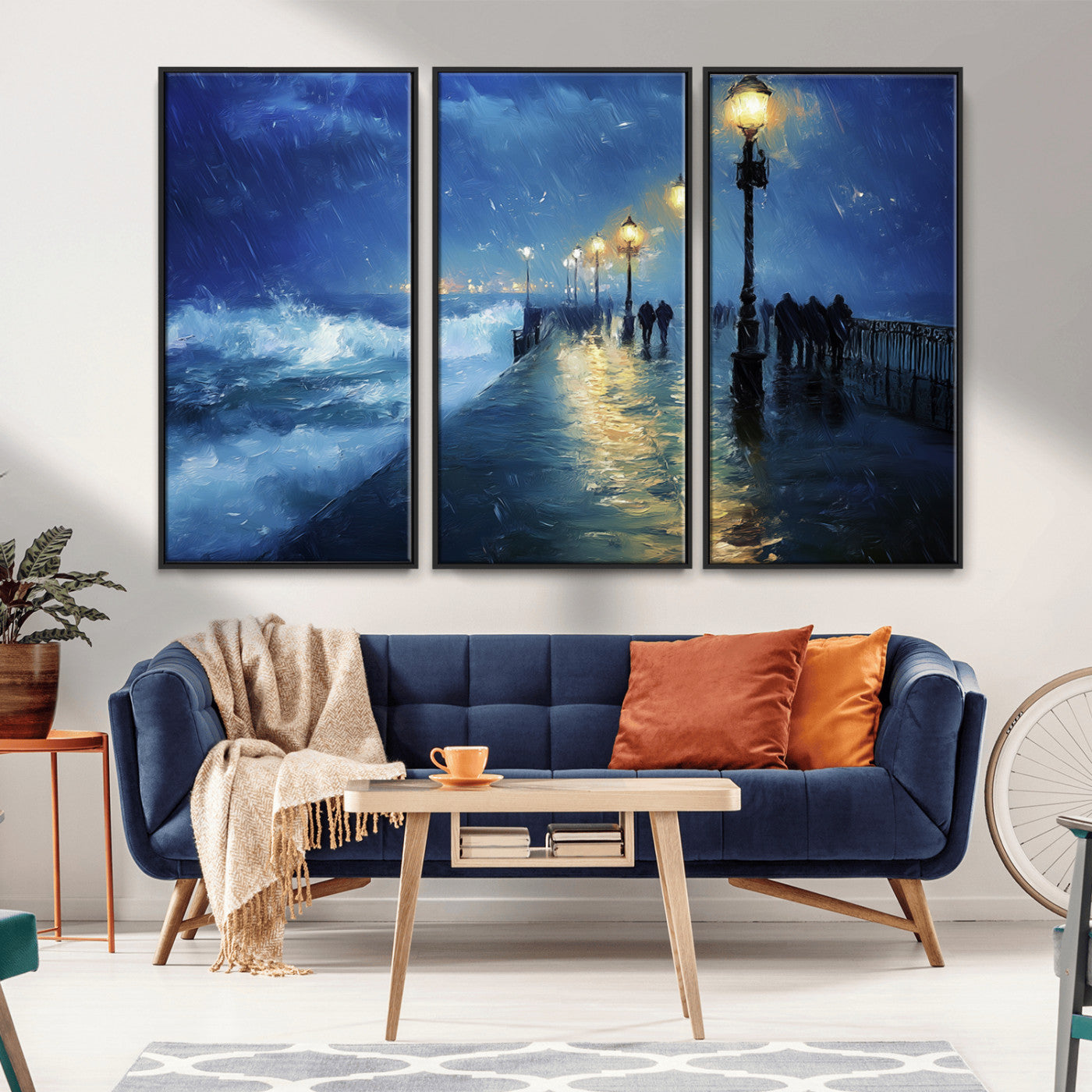 76572-MGV-CV-36X24-Stormy Night Pier Wall Art – Ocean Waves and Street Lamps Canvas Print, Rainy Seascape Oil Painting Poster for Living Room,