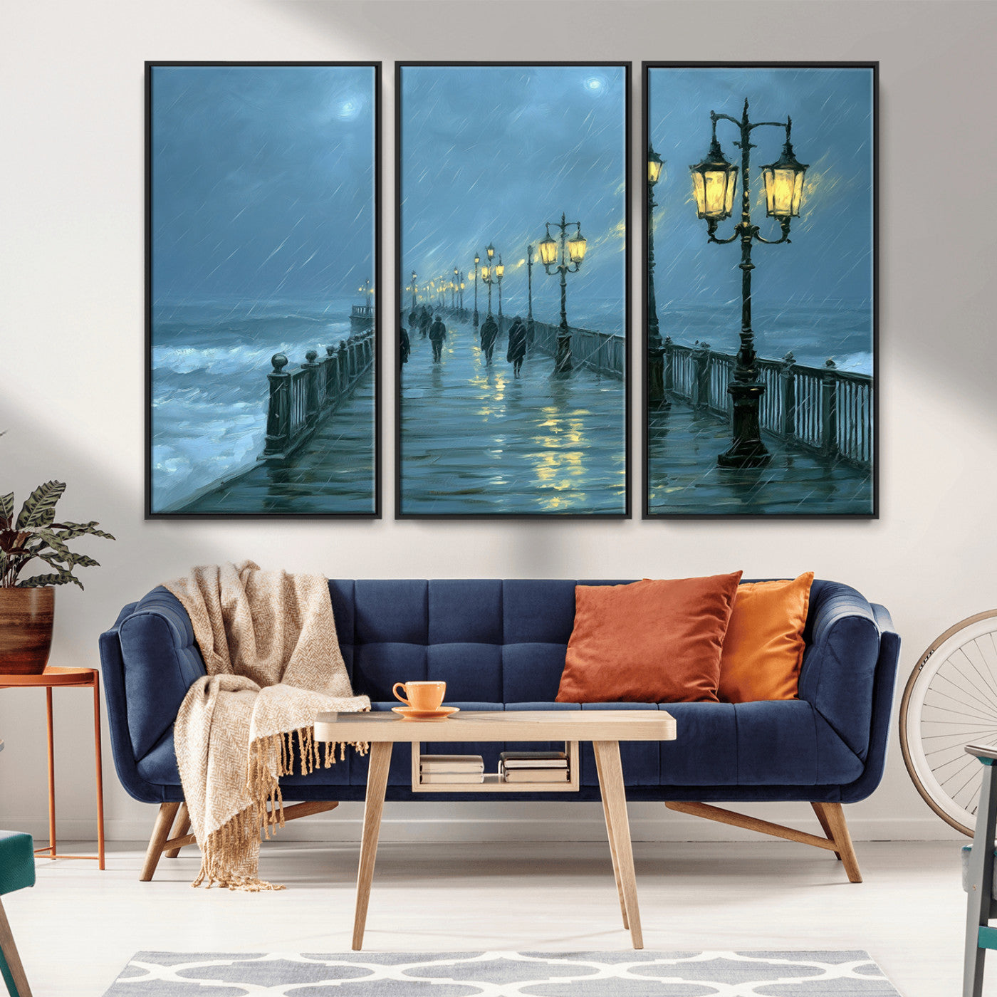 79606-MGV-FC-48X32-3P_Black-Rainy Pier Night Wall Art – Ocean Waves and Street Lamps Canvas Print, Moody Seascape Oil Painting Poster for Living Room,