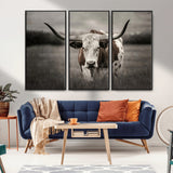 69238-MGV-CV-36X24-Longhorn Bull Wall Art – Rustic Black and White Texas Cattle Canvas Print, Western Farmhouse Animal Photography for Living Room,