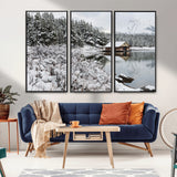94285-MGV-FC-48X32-3P_Black-Snowy Cabin Wall Art Canvas Print, Framed Winter Cabin Art Picture Print, Mountain Lake Perfect Snowy Nature Decor Artwork