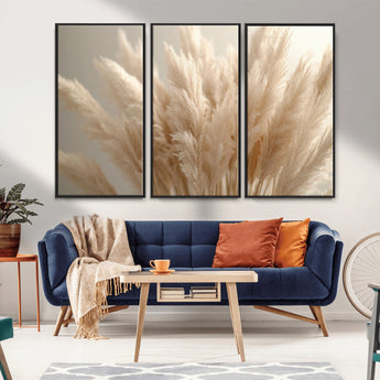 50300-MGV-FC-48X32-3P_Black-Pampas Grass Wall Art Canvas Print, Framed Minimalist Pampas Grass Art Picture Print, Beige Pampas Grass Perfect Minimalist Boho
