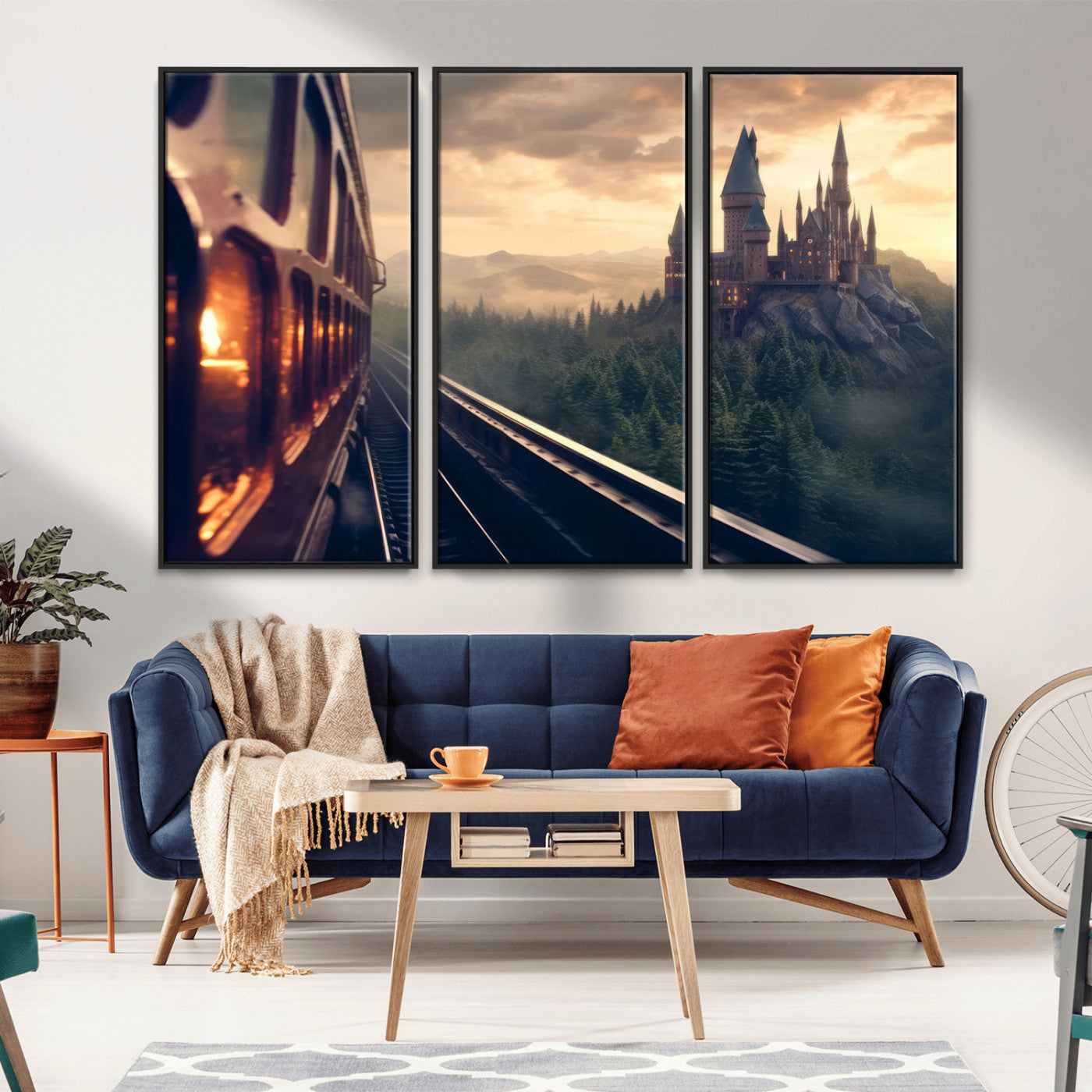 84029-MGV-FC-48X32-3P_Black-Fantasy Castle Wall Art – Magical Train Sunset Forest Canvas Print, Enchanted Landscape Painting Poster for Living Room, Bedroom,