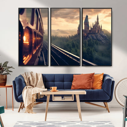 84029-MGV-FC-48X32-3P_Black-Fantasy Castle Wall Art – Magical Train Sunset Forest Canvas Print, Enchanted Landscape Painting Poster for Living Room, Bedroom,