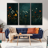 87037-MGV-FC-48X32-3P_Black-Wildflower Wall Art – Dark Botanical Floral Canvas Print, Modern Nature Painting Poster with Daisies Poppies Orange Flowers for