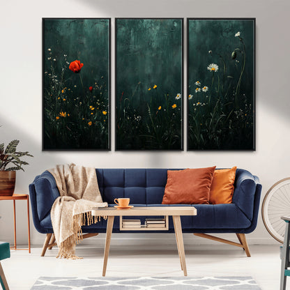 26218-MGV-FC-48X32-3P_Black-Wildflower Wall Art – Dark Botanical Floral Canvas Print, Modern Nature Painting Poster with Daisy Poppy Yellow Flowers for Living