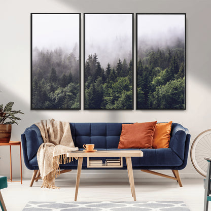 42578900-MGV-FC-48X32-3P_Black-Misty Forest Wall Art – Serene Mountain Pine Tree Canvas Print, Nature Landscape Decor for Bedroom, Living Room, Office or Rustic