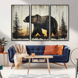83875-MGV-FC-48X32-3P_Black-Sunset Bear Wall Art – Rustic Wildlife Canvas Print with Forest Silhouette, Cabin Lodge Decor for Living Room or Office