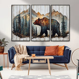 55777-MGV-FC-48X32-3P_Black-Rustic Bear Wall Art Canvas Print, Framed Mountain and Forest Art Picture Print, Wooden Bear Perfect Rustic Lodge Decor Artwork
