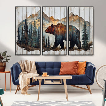 55777-MGV-FC-48X32-3P_Black-Rustic Bear Wall Art Canvas Print, Framed Mountain and Forest Art Picture Print, Wooden Bear Perfect Rustic Lodge Decor Artwork