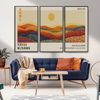 88180-MGV-FC-48X32-3P_Black-Yayoi Kusama Landscape Wall Art – Abstract Dotted Mountain Canvas Print, Retro Sun Poster for Modern Living Room, Office or