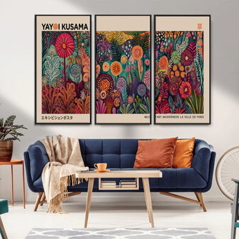 51280-MGV-FC-48X32-3P_Black-Abstract Yayoi Kusama Wall Art Canvas Print, Framed Japanese Wabi Sabi Art Picture Print, Yayoi Kusama Perfect Abstract Modern