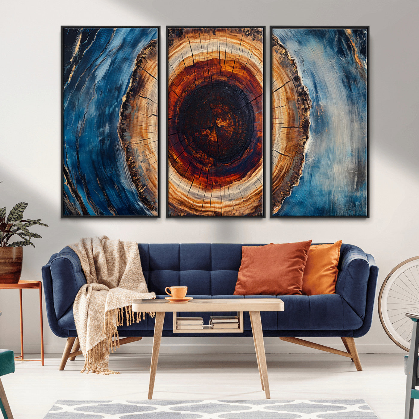 30457-MGV-CV-36X24-Tree Ring Abstract Wall Art – Blue and Brown Wood Grain Canvas Print, Modern Nature Inspired Painting for Rustic Living Room,