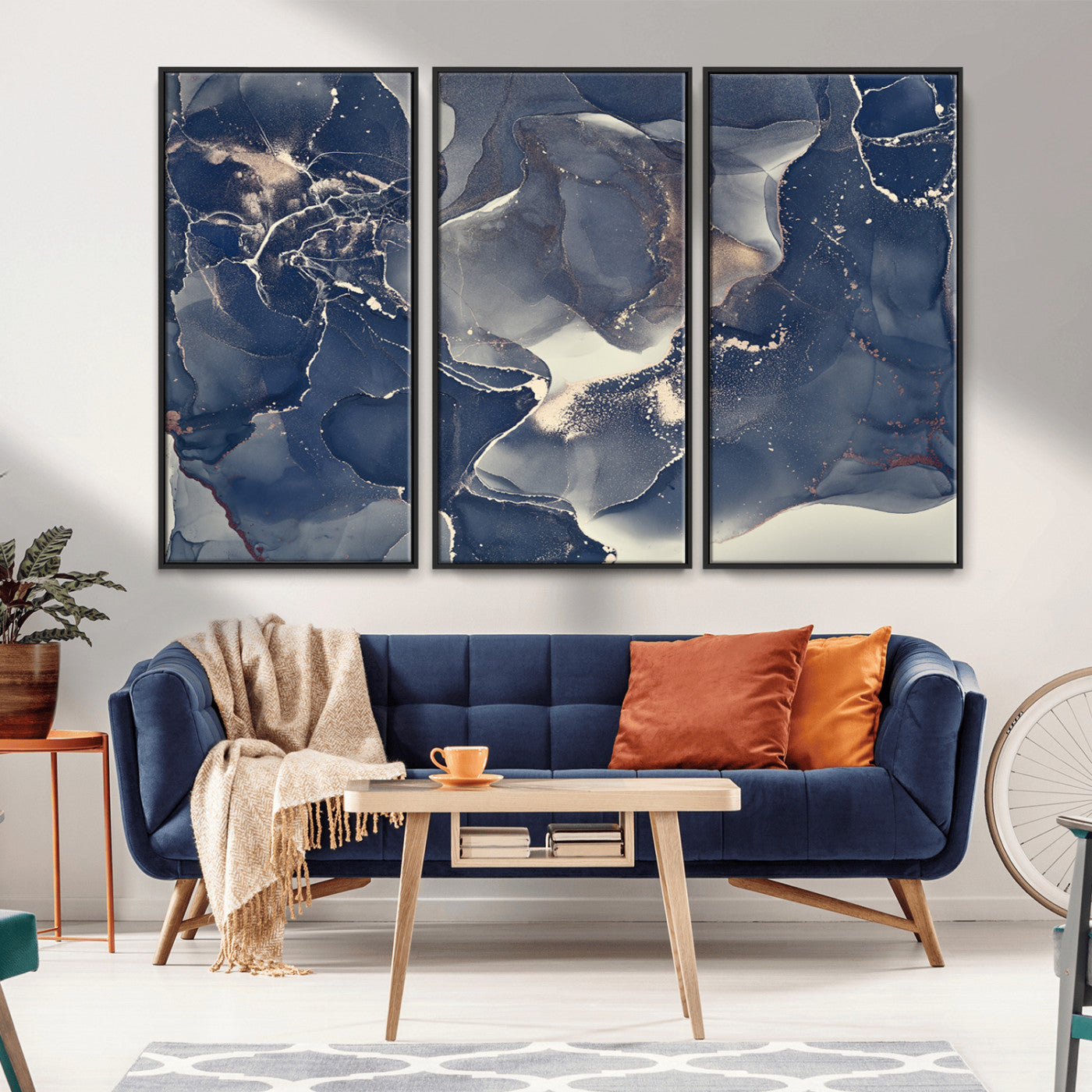 28282-MGV-CV-36X24-Blue Abstract Wall Art – Modern Ink Swirl Canvas Print, Contemporary Navy and Gold Painting for Living Room, Bedroom, Office or