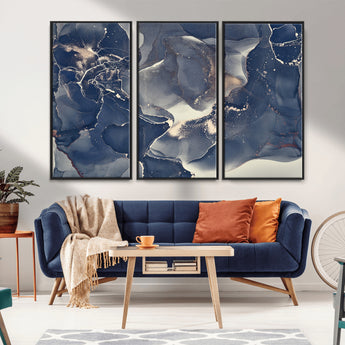 28282-MGV-CV-36X24-Blue Abstract Wall Art – Modern Ink Swirl Canvas Print, Contemporary Navy and Gold Painting for Living Room, Bedroom, Office or