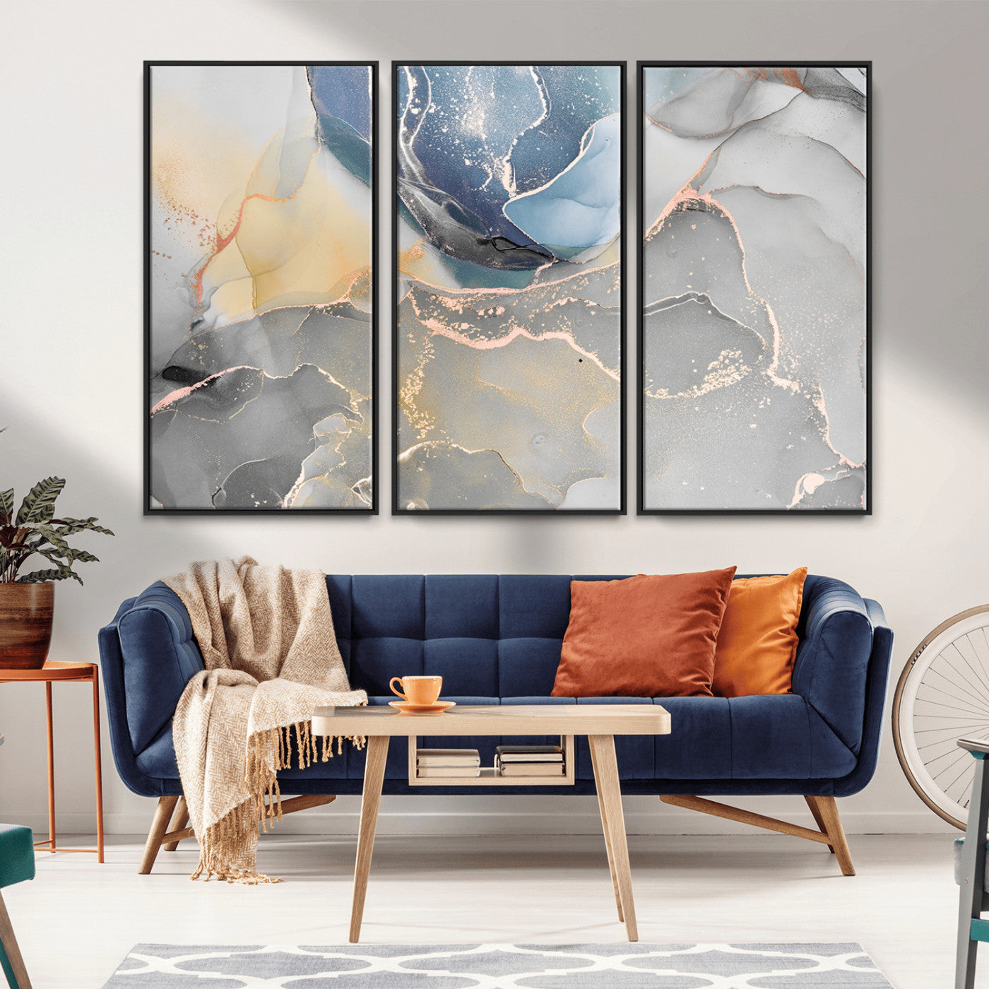 18176-MGV-CV-36X24-Abstract Fluid Wall Art – Modern Marble Ink Canvas Print with Blue, Gold, and Gray Tones, Contemporary Minimal Artwork Decor for