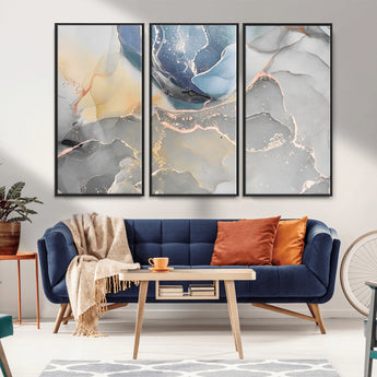 18176-MGV-CV-36X24-Abstract Fluid Wall Art – Modern Marble Ink Canvas Print with Blue, Gold, and Gray Tones, Contemporary Minimal Artwork Decor for