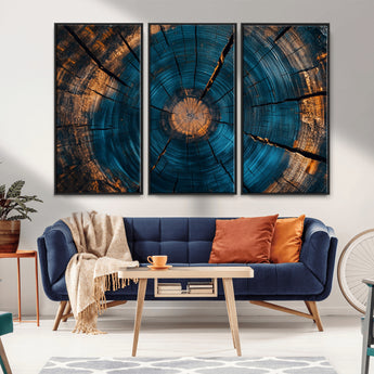 13398-MGV-CV-36X24-Tree Ring Wall Art – Abstract Wood Grain Canvas Print with Blue and Orange Accents, Rustic Nature Inspired Artwork for Living
