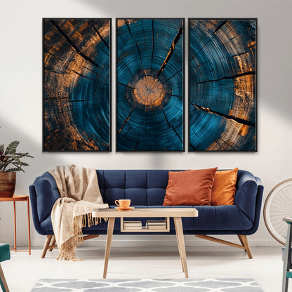 13398-MGV-CV-36X24-Tree Ring Wall Art – Abstract Wood Grain Canvas Print with Blue and Orange Accents, Rustic Nature Inspired Artwork for Living