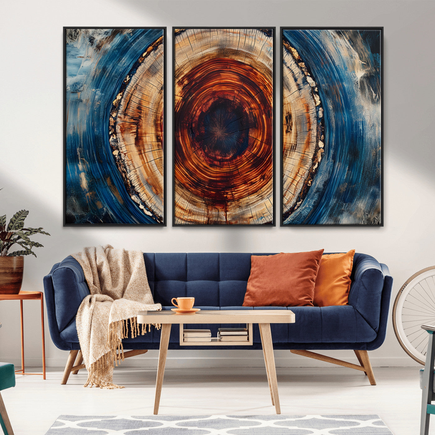 90395-MGV-CV-36X24-Tree Ring Wall Art – Abstract Wood Grain Canvas Print with Fiery Red and Blue Tones, Bold Rustic Nature Inspired Artwork Decor for