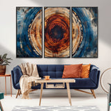 90395-MGV-CV-36X24-Tree Ring Wall Art – Abstract Wood Grain Canvas Print with Fiery Red and Blue Tones, Bold Rustic Nature Inspired Artwork Decor for