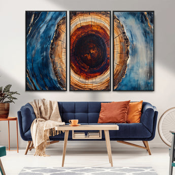 30457-MGV-CV-36X24-Tree Ring Wall Art – Abstract Wood Grain Canvas Print with Brown and Blue Swirl, Rustic Nature Inspired Artwork for Living Room,