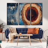 48045-MGV-CV-36X24-Tree Ring Abstract Wall Art – Rustic Wood Grain Canvas Print with Brown Center and Blue Brush Strokes, Nature Inspired Artwork for