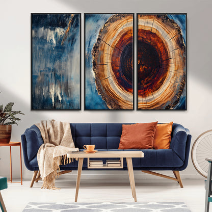 48045-MGV-CV-36X24-Tree Ring Abstract Wall Art – Rustic Wood Grain Canvas Print with Brown Center and Blue Brush Strokes, Nature Inspired Artwork for