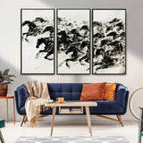23069-MGV-CV-36X24-Galloping Horses Wall Art – Black Ink Painting on Canvas, Dynamic Equestrian Artwork with Running Stallions, Expressive Modern