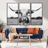 20272-MGV-FC-48X32-3P_Black-Highland Cow Wall Art – Black and White Western Longhorn Canvas Print, Farmhouse Living Room Decor Southwestern Animal Artwork for