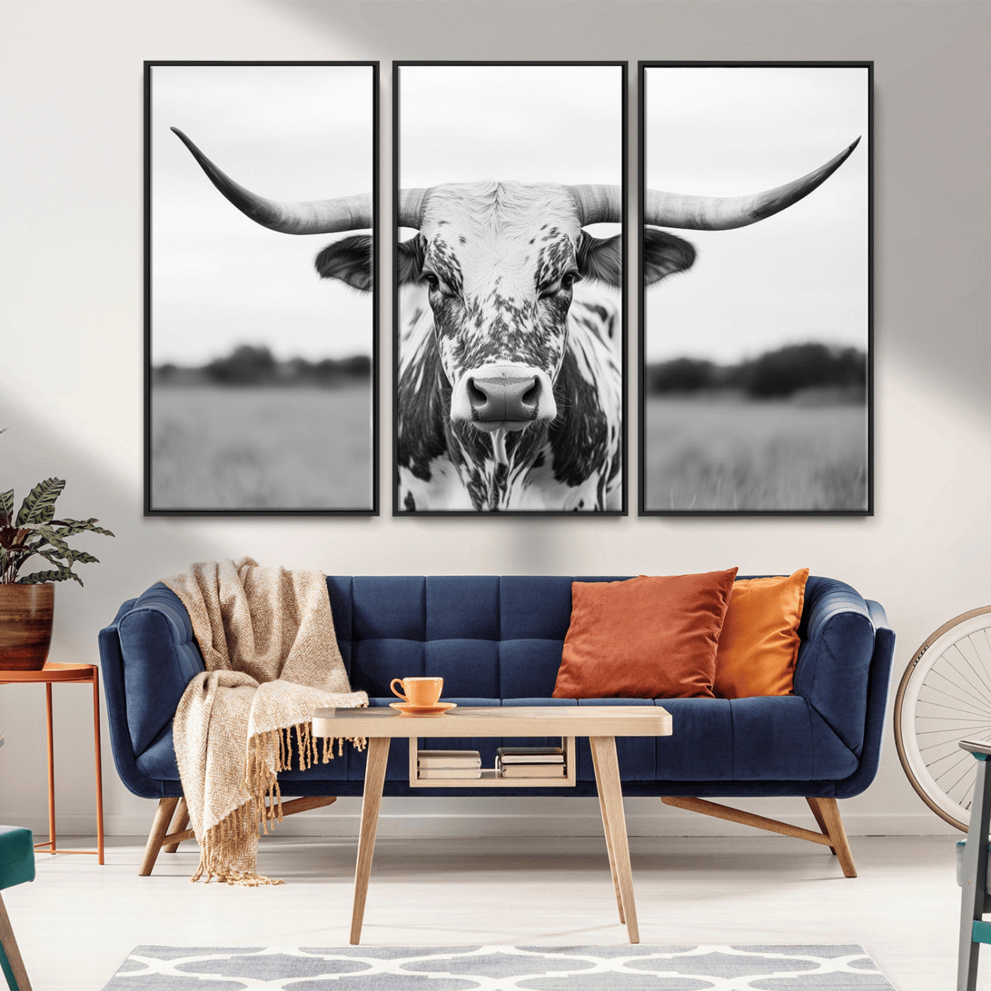 20272-MGV-CV-36X24-Texas Longhorn Wall Art – Black and White Cowboy Western Canvas Print, Rustic Farmhouse Cattle Photography Decor for Ranch, Barn
