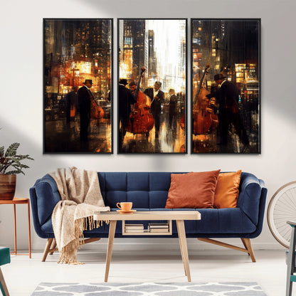58782-MGV-CV-36X24-Jazz Musicians Cityscape Wall Art – Vibrant Urban Night Canvas Print, Elegant Music Themed Decor for Living Room, Office, or Music