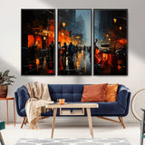 46538-MGV-FC-48X32-3P_Black-Urban Jazz Night Wall Art – Dramatic Music Canvas Print with Double Bass and Street Musicians, Modern City Scene Artwork for