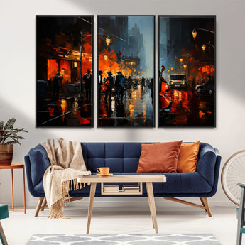 46538-MGV-FC-48X32-3P_Black-Urban Jazz Night Wall Art – Dramatic Music Canvas Print with Double Bass and Street Musicians, Modern City Scene Artwork for