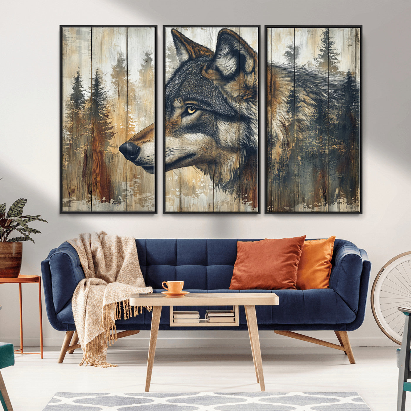 91882-MGV-CV-36X24-Wolf Wall Art – Rustic Canvas Print of Forest Wolf on Wood Background, Wildlife Lodge Artwork for Living Room, Bedroom, Cabin, or