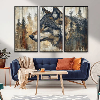 91882-MGV-CV-36X24-Wolf Wall Art – Rustic Canvas Print of Forest Wolf on Wood Background, Wildlife Lodge Artwork for Living Room, Bedroom, Cabin, or