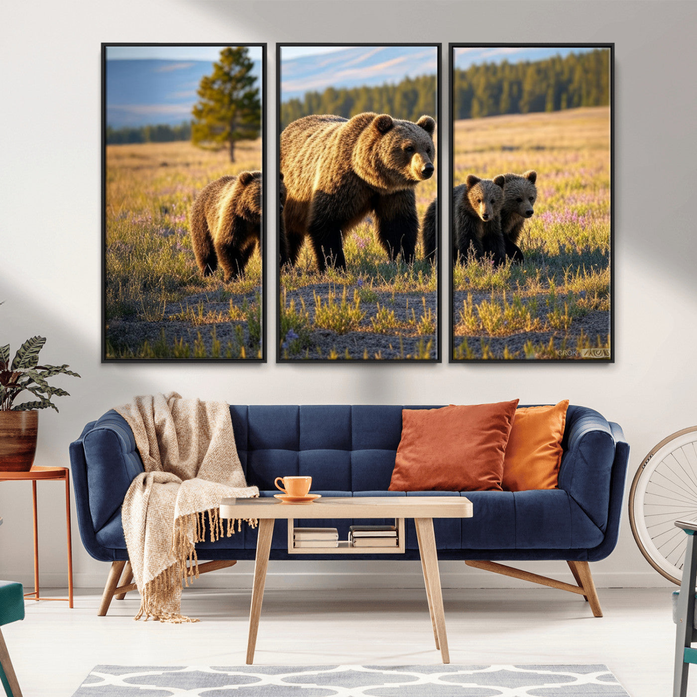 43400-MGV-CV-36X24-Bear Family Wall Art – Wildlife Canvas Print of Mother Bear with Cubs in Sunlit Meadow, Rustic Animal Artwork for Living Room,