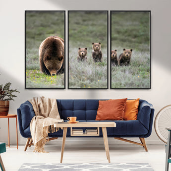40555-MGV-CV-36X24-Bear Family Wall Art – Wildlife Canvas Print of Mother Bear with Four Cubs in Nature, Rustic Animal Artwork for Living Room,
